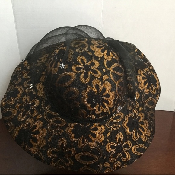 Dramatic Black and Gold Wide-Brimmed Hat- by Mr Hi’s rhinestones, sequins. - Picture 3 of 9